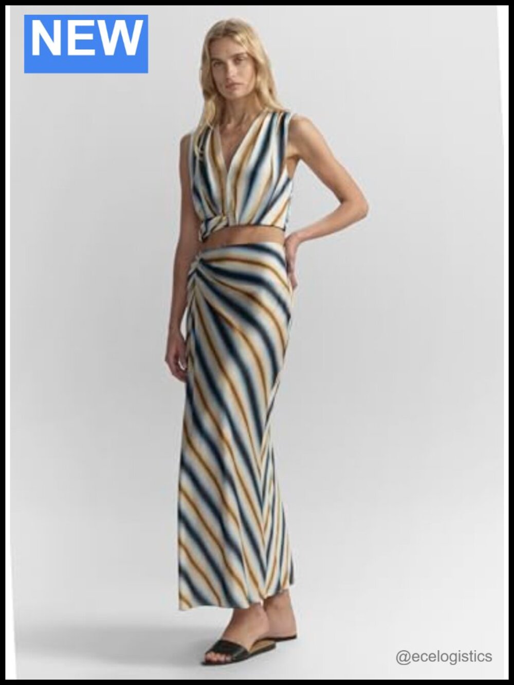 ALC High-Rise Midi A-Line Skirt Knotted Detail Diagonal Stripe - Picture 4 of 5